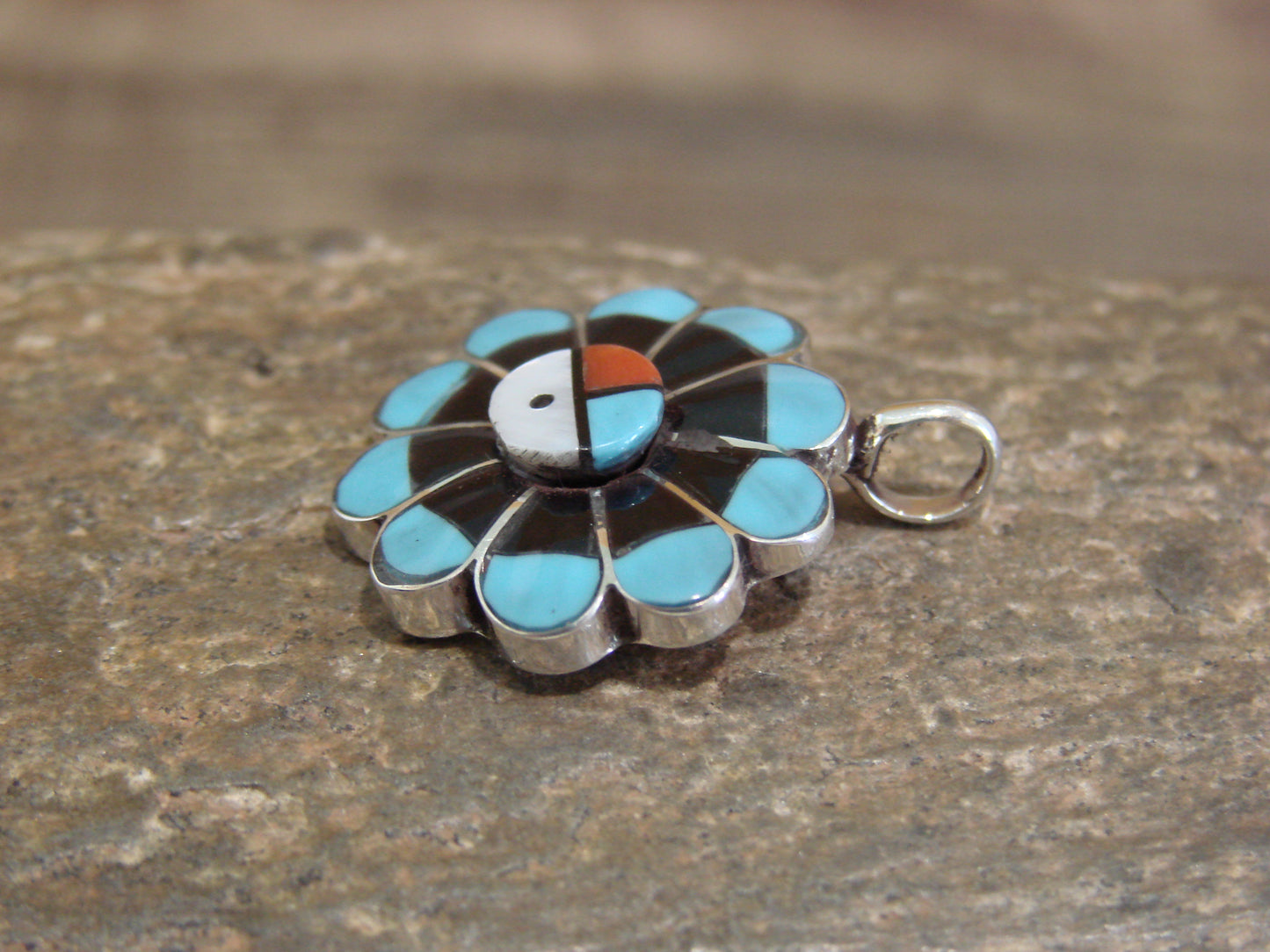 Native American Sterling Silver Turquoise Inlay Sunface Pendant - Signed RV