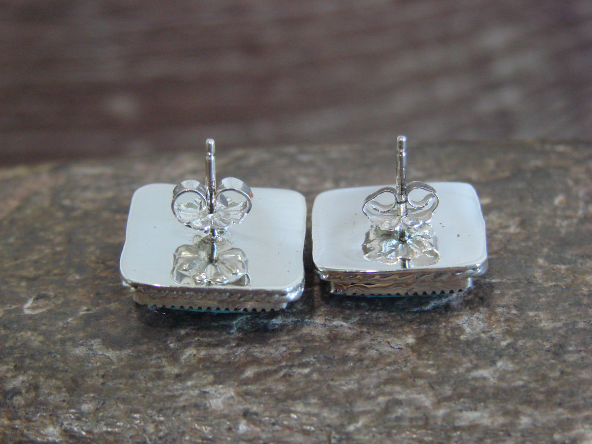 Native American Sterling Silver Square Turquoise Post Earrings by Lopez