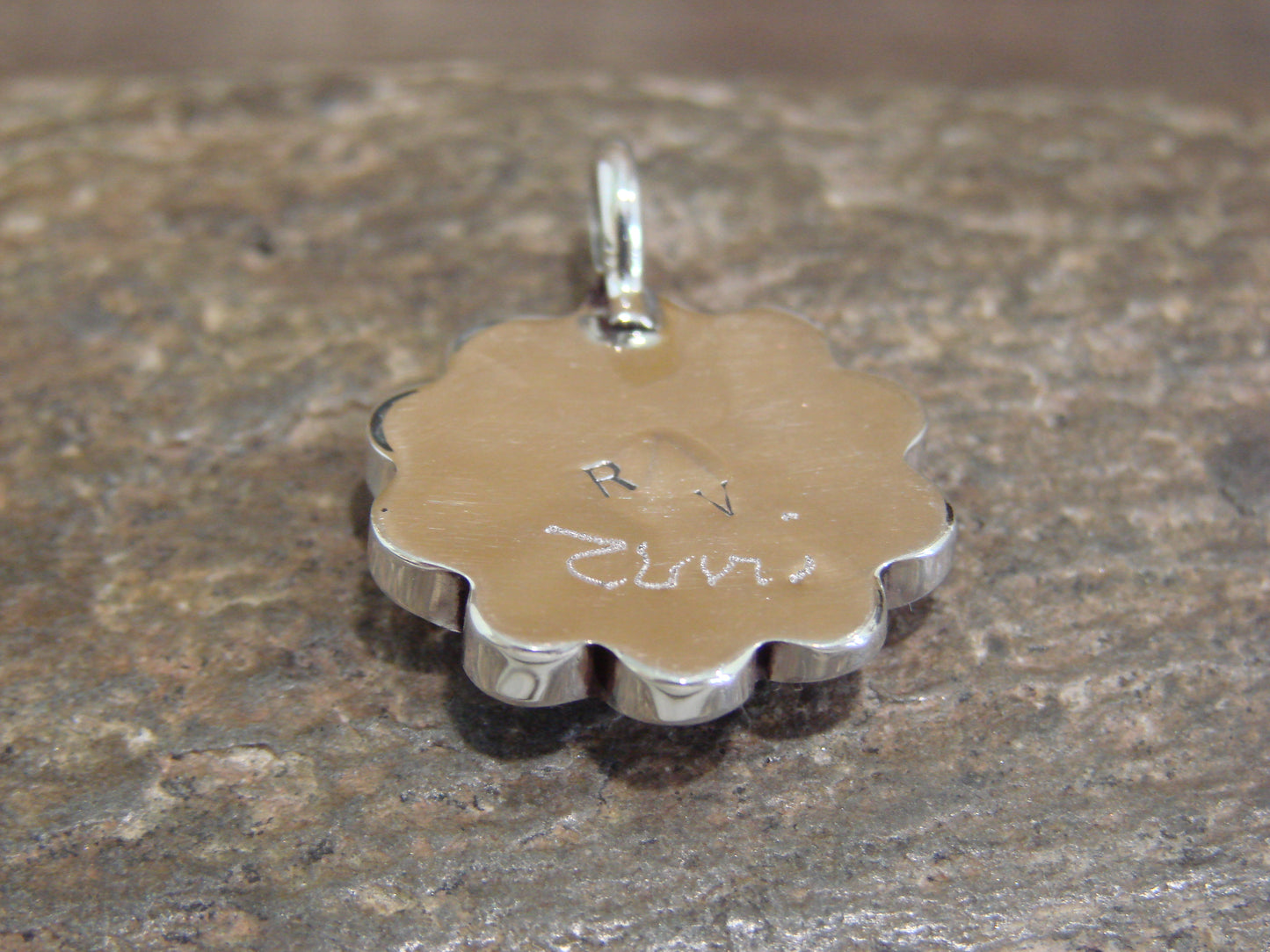 Native American Sterling Silver Turquoise Inlay Sunface Pendant - Signed RV