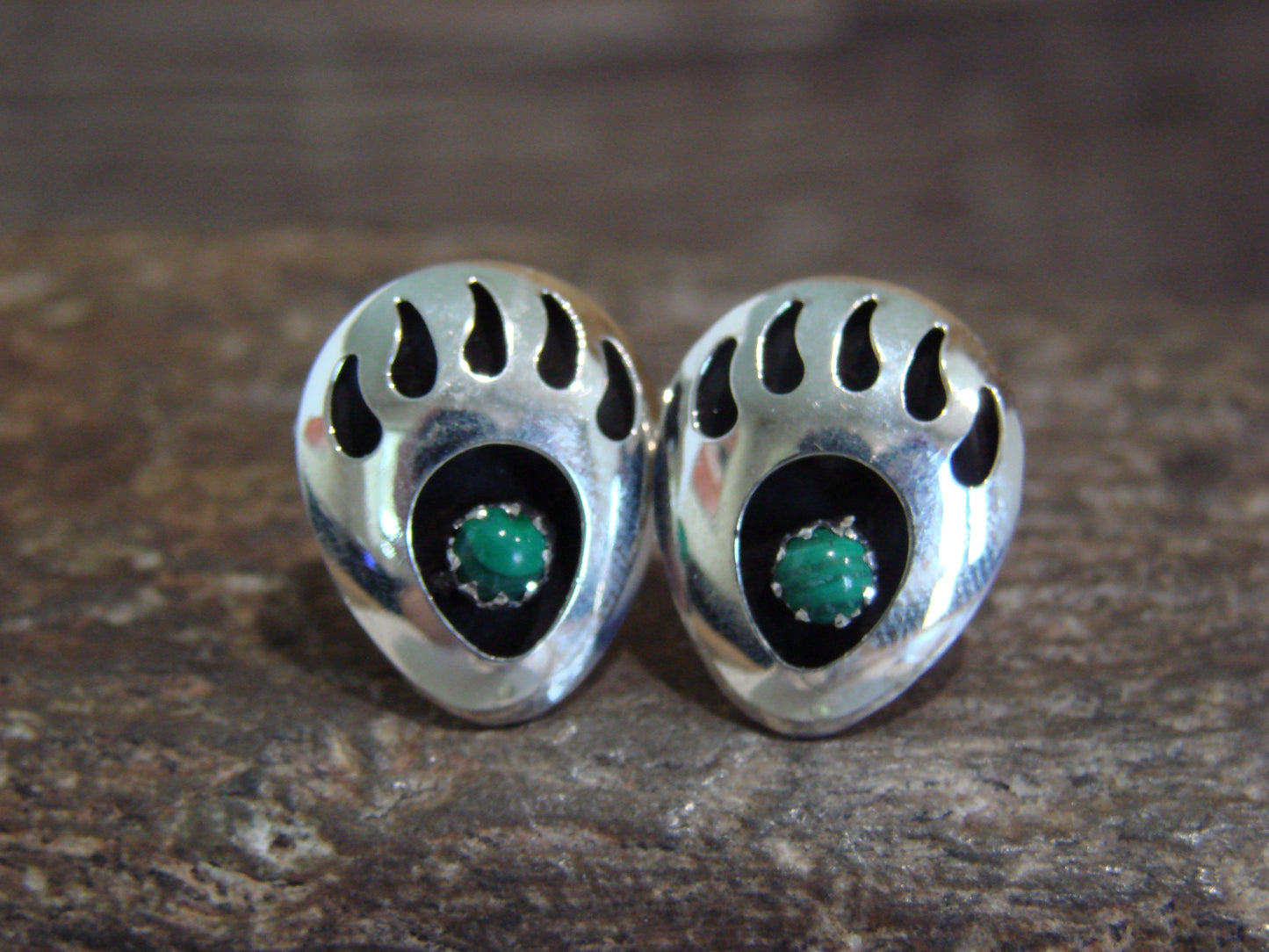 Native American Sterling Silver & Malachite Bear Paw Stud Post Earrings - Parker