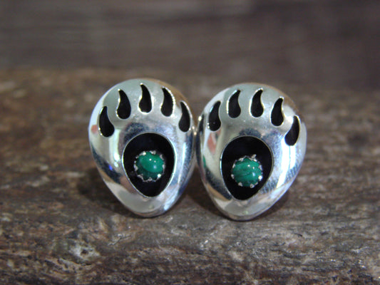 Native American Sterling Silver & Malachite Bear Paw Stud Post Earrings - Parker