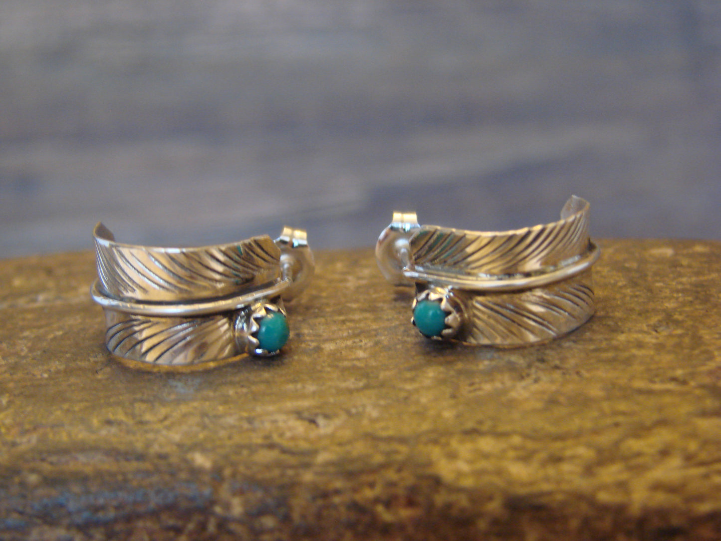 Native American Sterling Silver Turquoise Feather Hoop Post Earrings Signed Davis