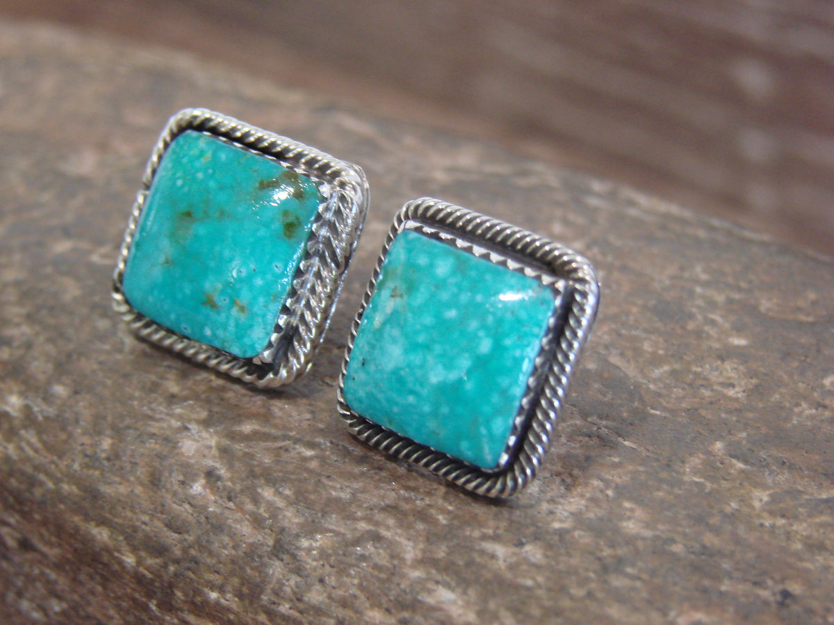 Native American Sterling Silver Square Turquoise Post Earrings by Lopez