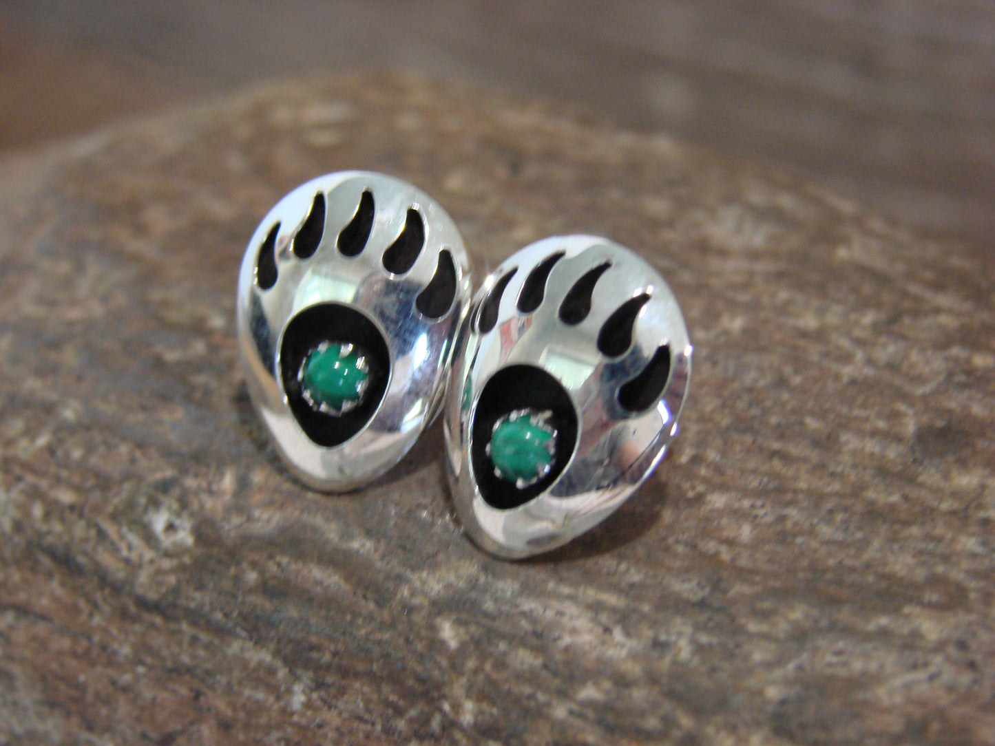 Native American Sterling Silver & Malachite Bear Paw Stud Post Earrings - Parker