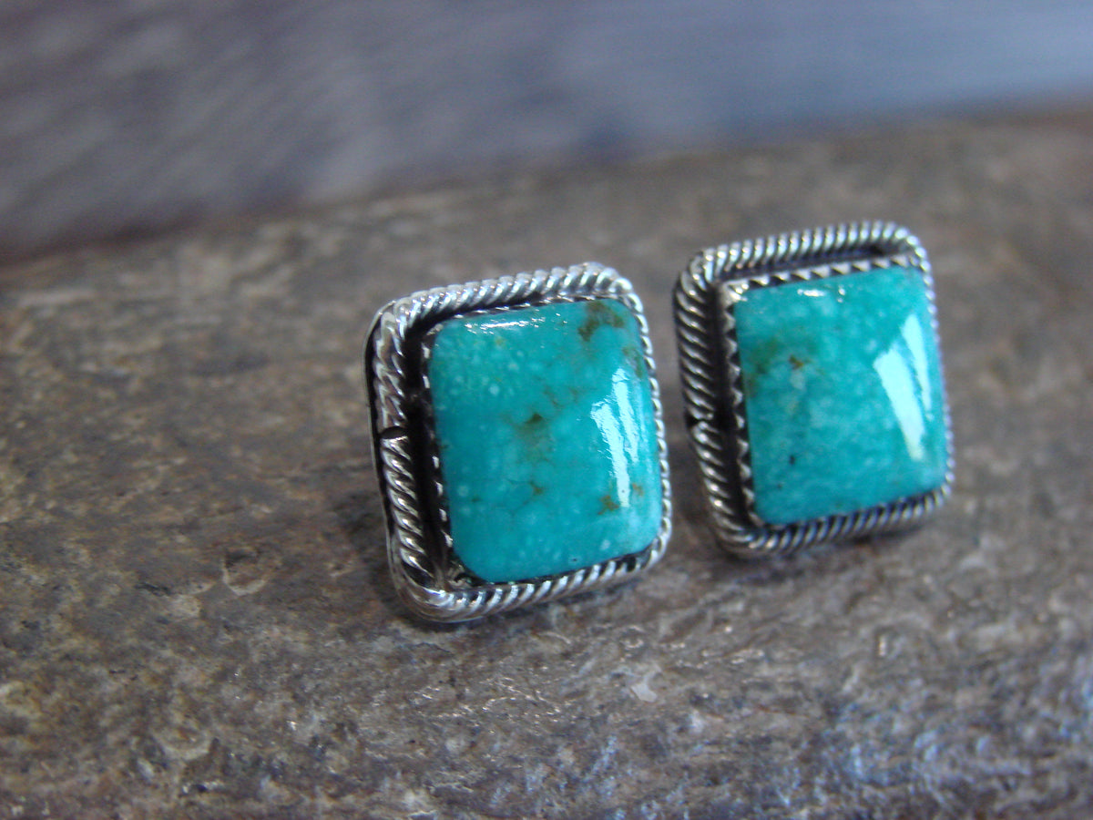 Native American Sterling Silver Square Turquoise Post Earrings by Lopez