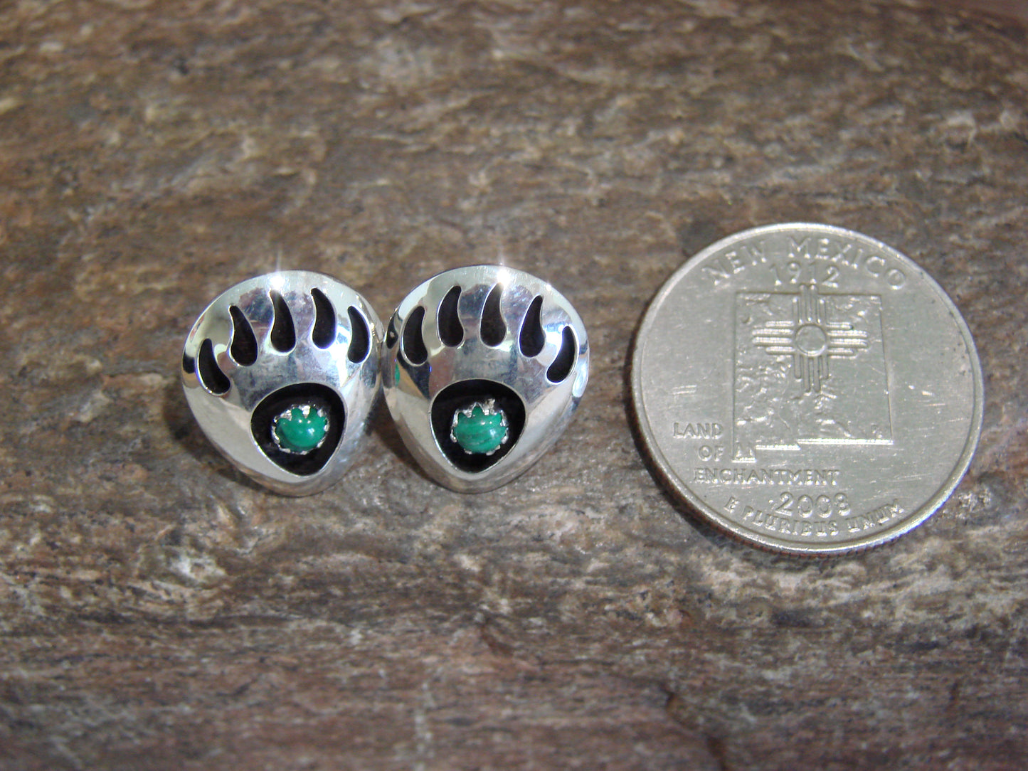 Native American Sterling Silver & Malachite Bear Paw Stud Post Earrings - Parker