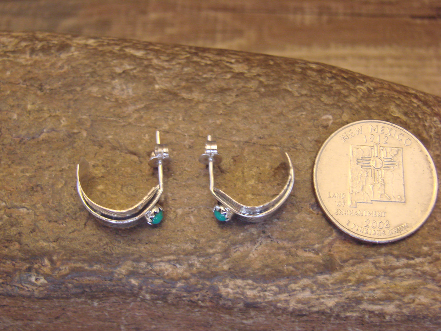 Native American Sterling Silver Turquoise Feather Hoop Post Earrings Signed Davis
