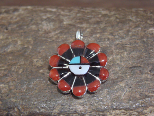 Native American Sterling Silver Coral Inlay Sunface Pendant - Signed RV