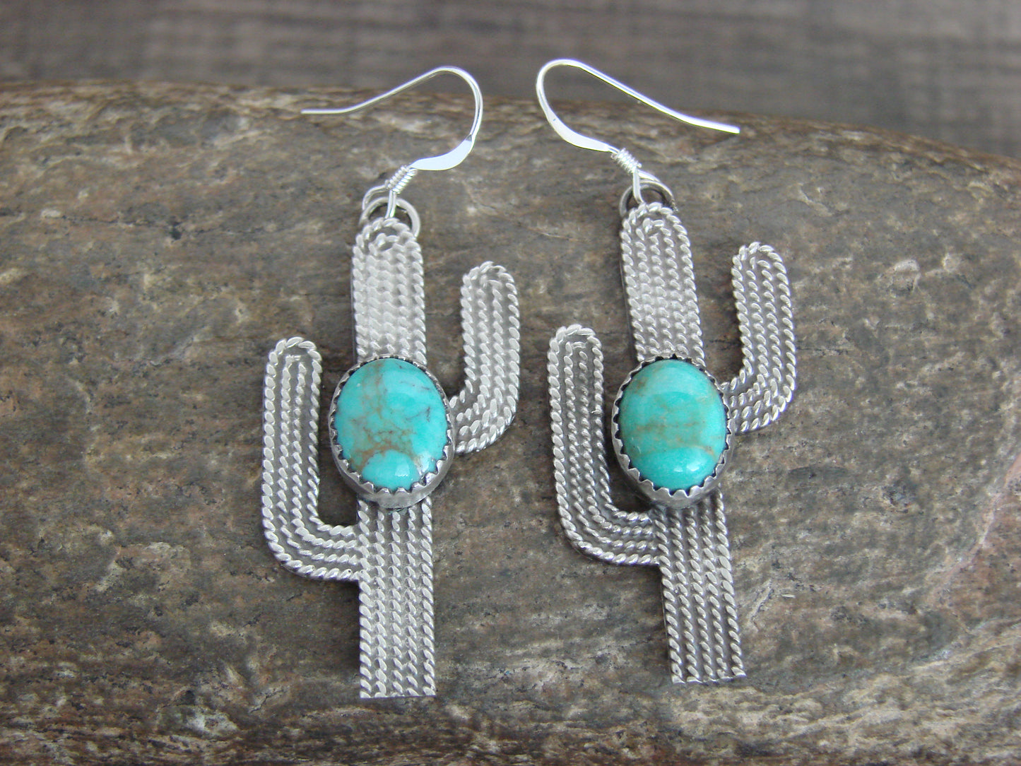 Native American Sterling Silver Turquoise Cactus Dangle Earrings - Chiquito