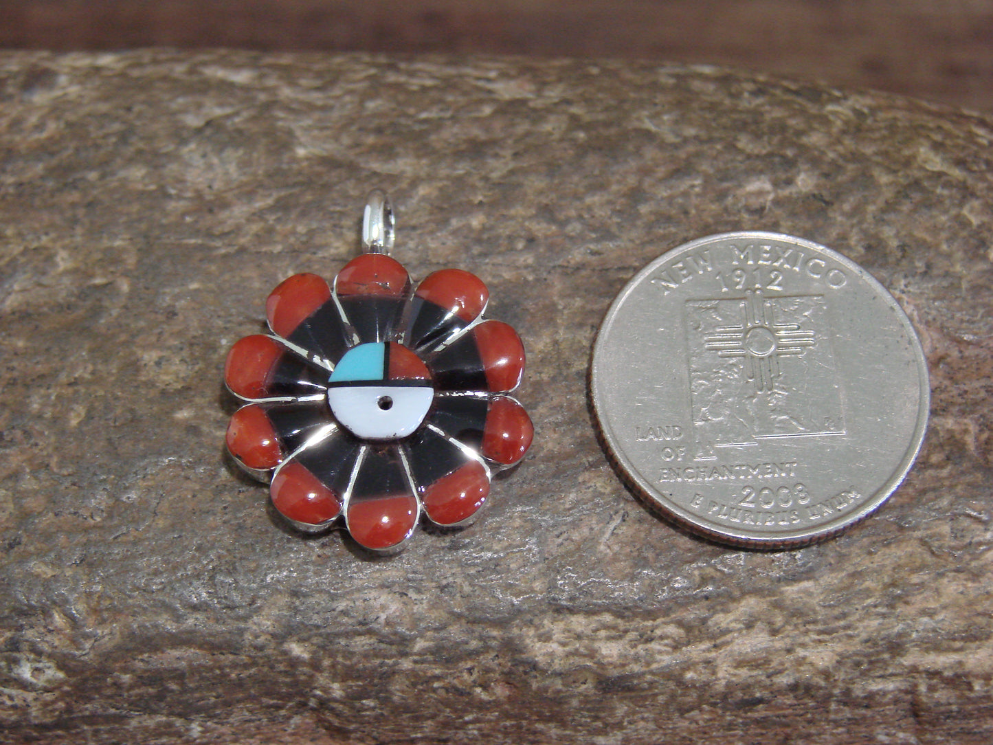 Native American Sterling Silver Coral Inlay Sunface Pendant - Signed RV