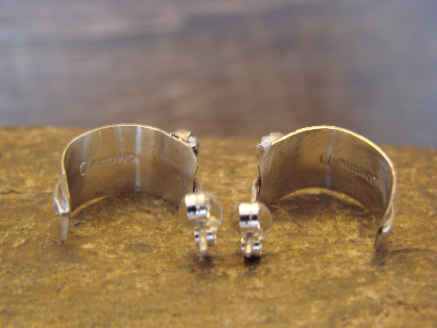 Native American Sterling Silver Turquoise Feather Hoop Post Earrings Signed Davis