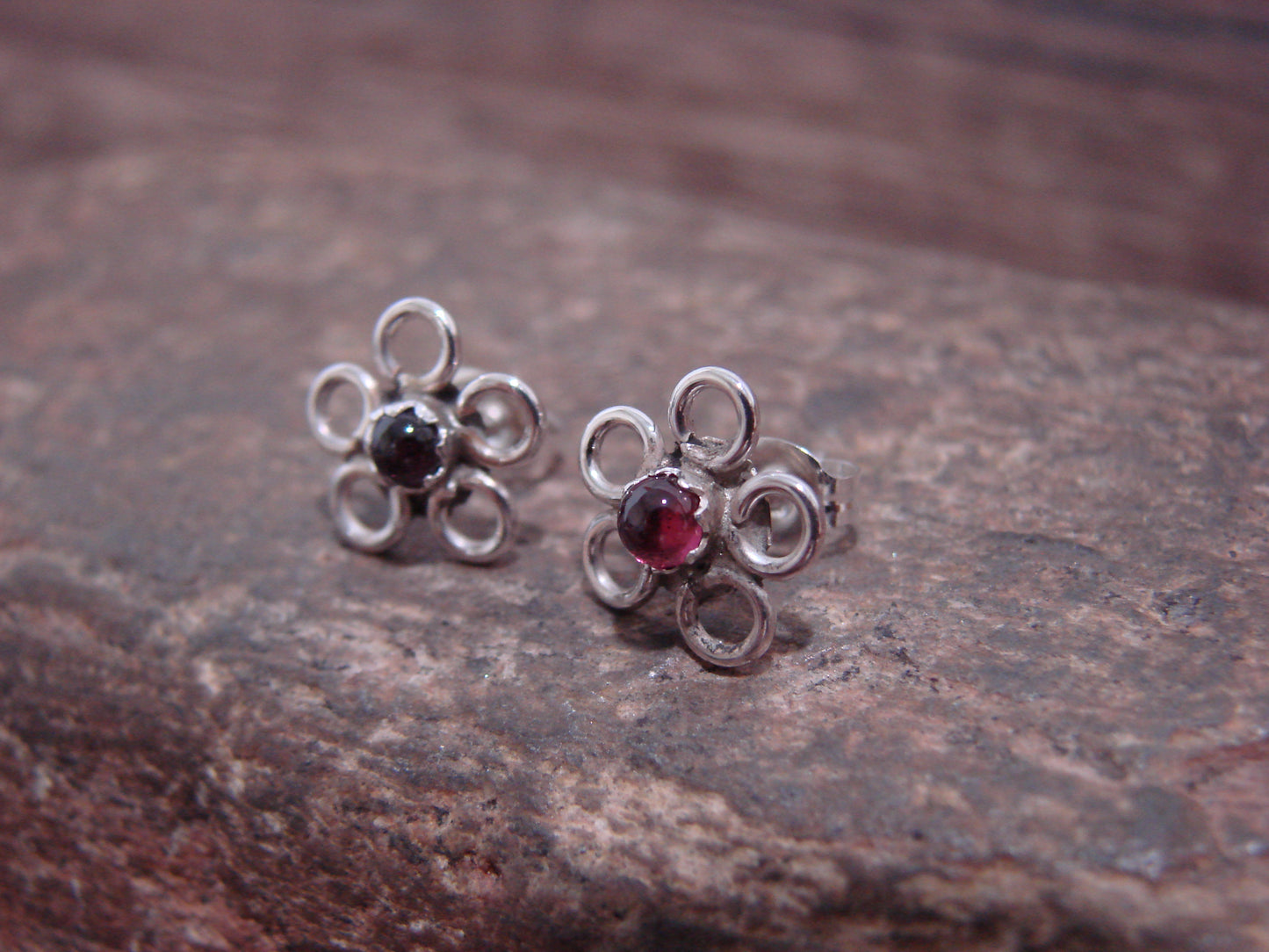 Native American Sterling Silver & Purple Floral Stud Post Earrings by Yatsattie