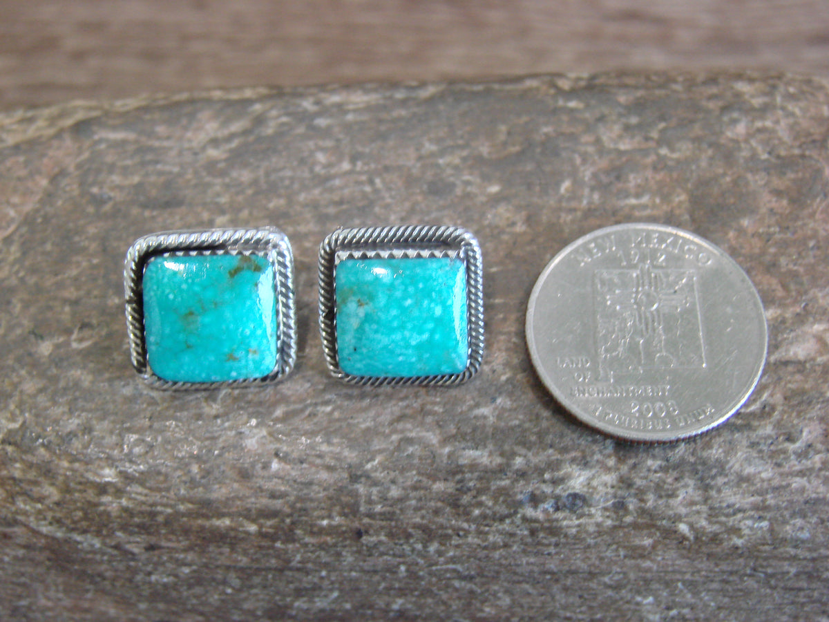 Native American Sterling Silver Square Turquoise Post Earrings by Lopez