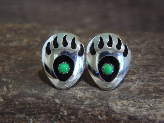Native American Sterling Silver & Gaspeite Bear Paw Stud Post Earrings - Parker