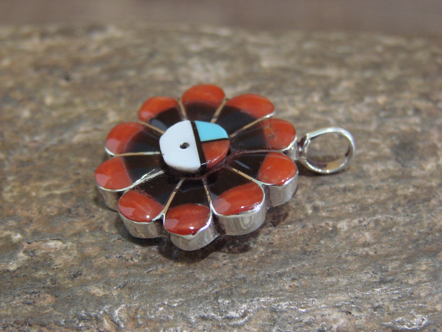 Native American Sterling Silver Coral Inlay Sunface Pendant - Signed RV