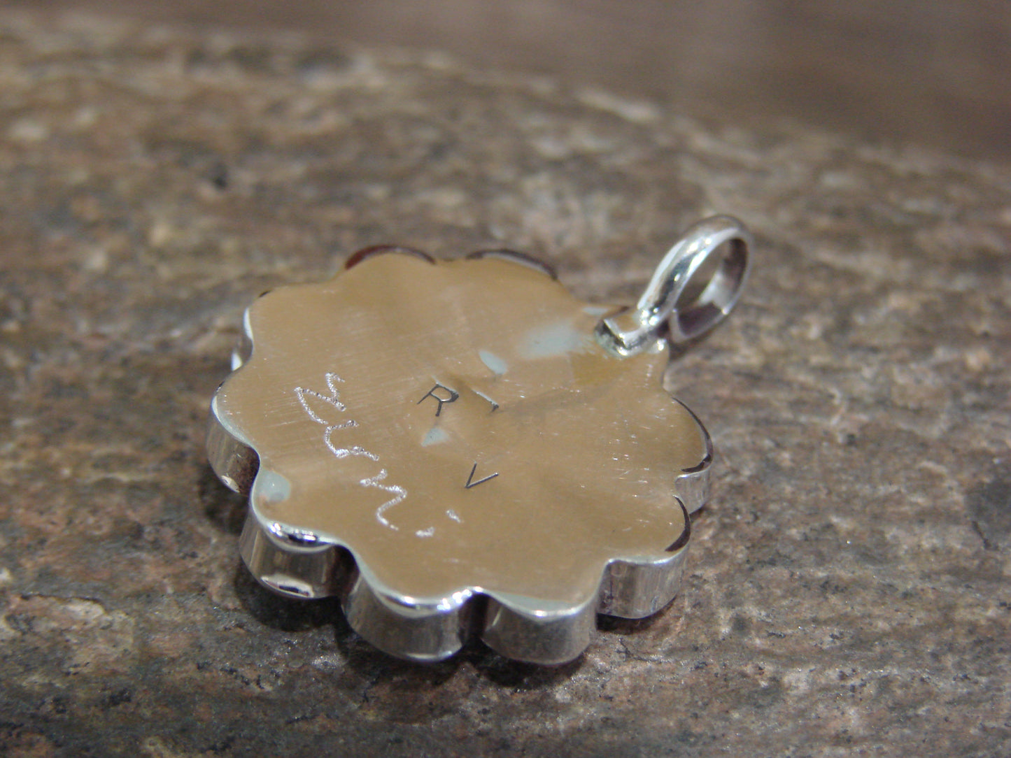 Native American Sterling Silver Coral Inlay Sunface Pendant - Signed RV