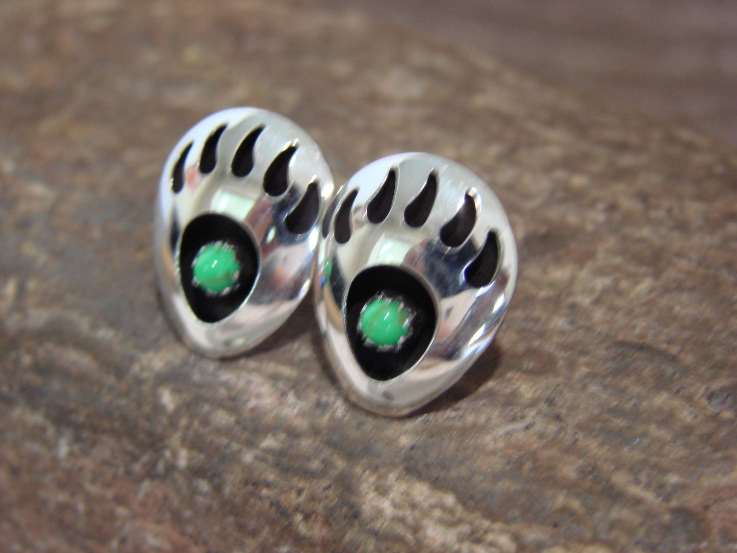 Native American Sterling Silver & Gaspeite Bear Paw Stud Post Earrings - Parker