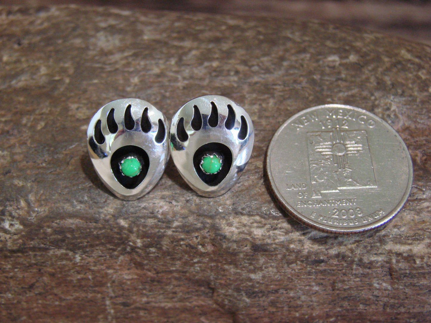 Native American Sterling Silver & Gaspeite Bear Paw Stud Post Earrings - Parker