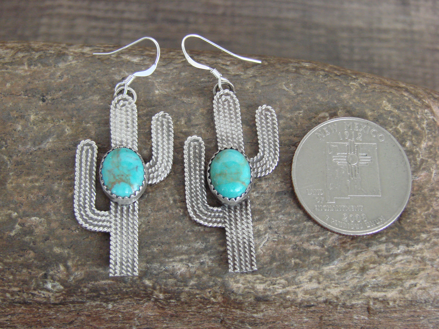 Native American Sterling Silver Turquoise Cactus Dangle Earrings - Chiquito