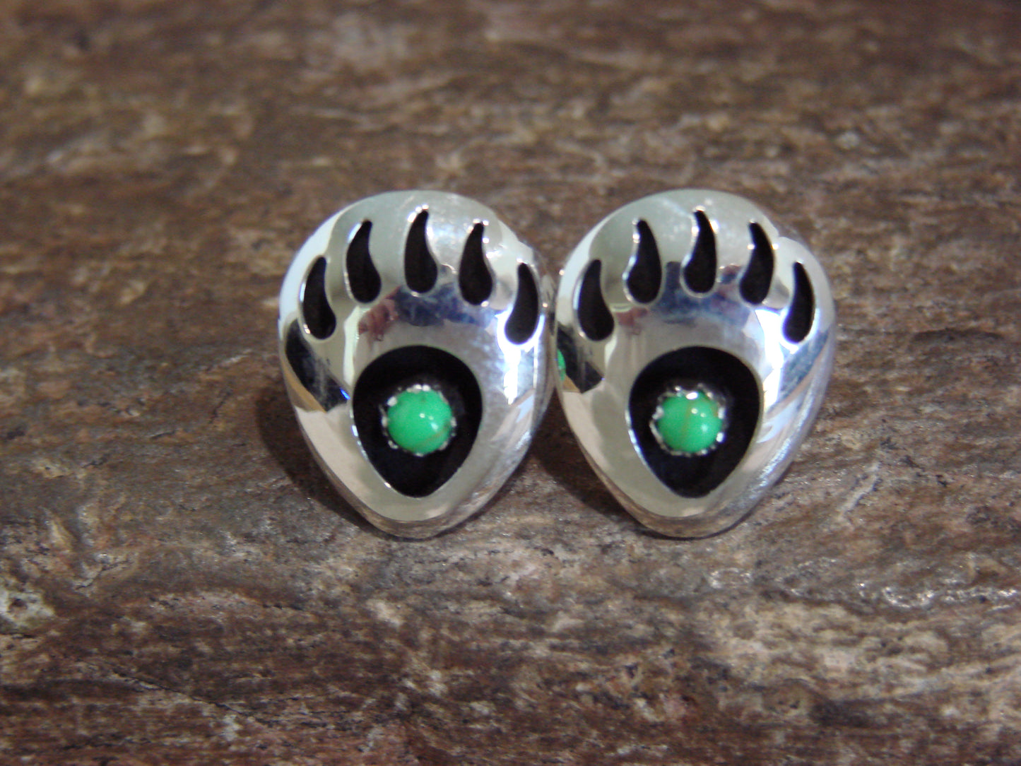 Native American Sterling Silver & Gaspeite Bear Paw Stud Post Earrings - Parker