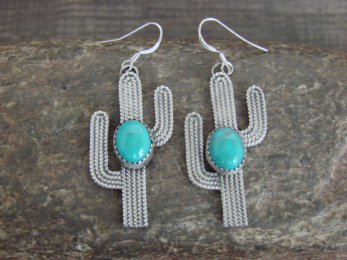 Native American Sterling Silver Turquoise Cactus Dangle Earrings - Chiquito