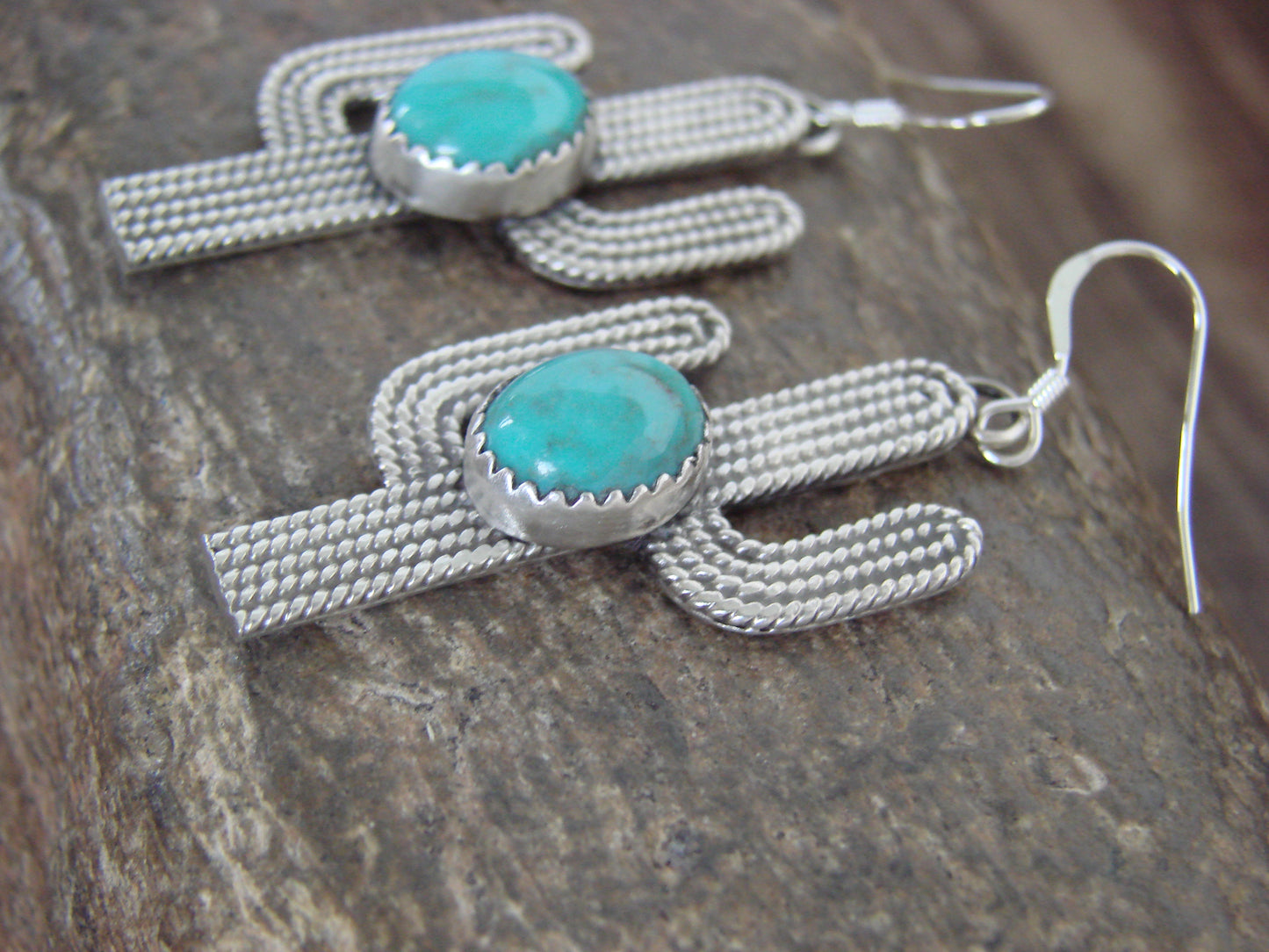 Native American Sterling Silver Turquoise Cactus Dangle Earrings - Chiquito