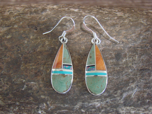 Native American Sterling Silver Multi Stone Inlay Dangle Earrings by Manygoats