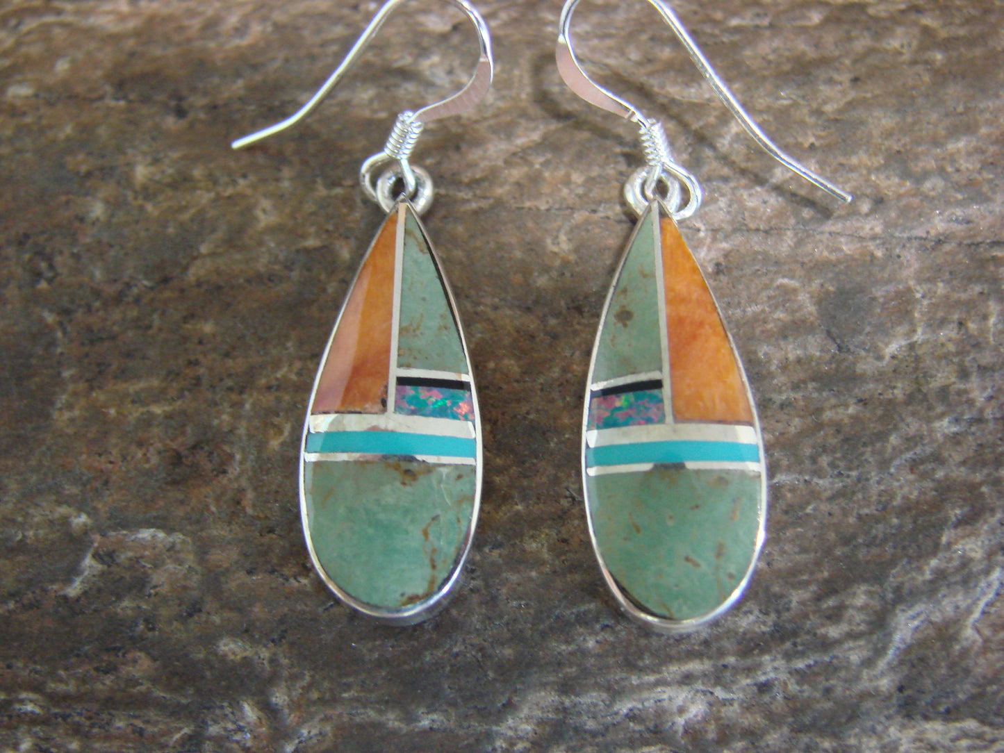 Native American Sterling Silver Multi Stone Inlay Dangle Earrings by Manygoats
