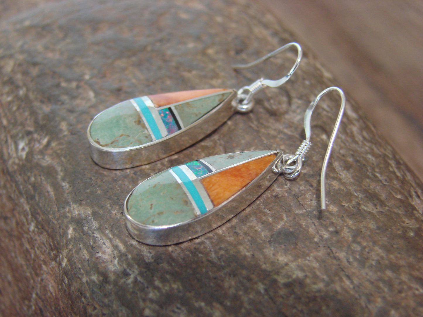 Native American Sterling Silver Multi Stone Inlay Dangle Earrings by Manygoats