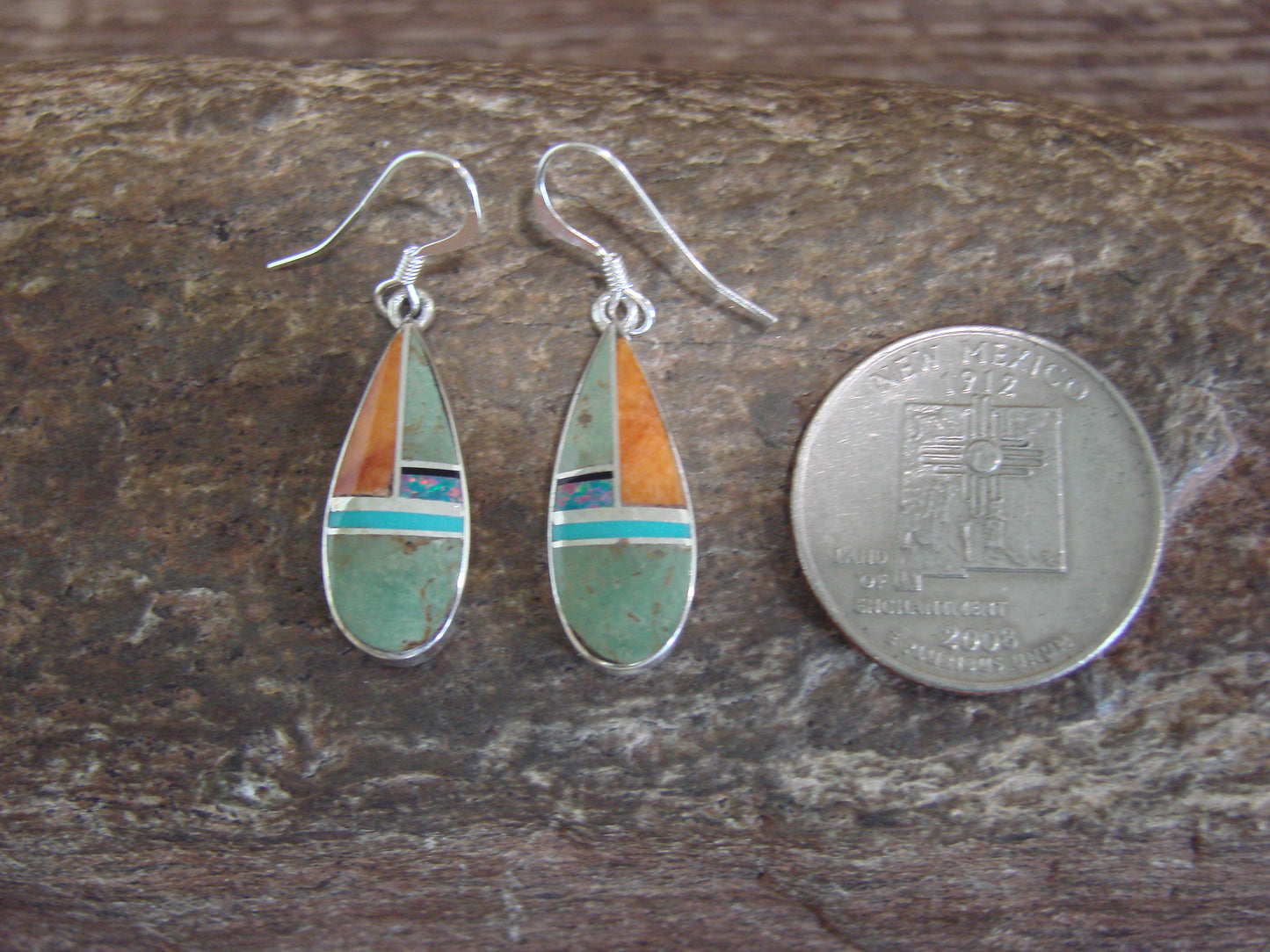 Native American Sterling Silver Multi Stone Inlay Dangle Earrings by Manygoats