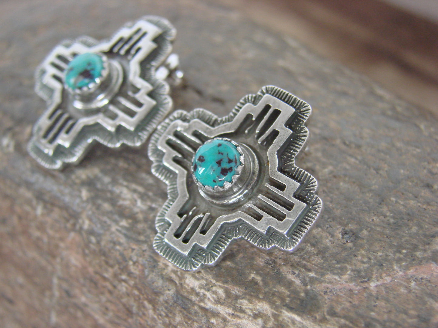 Native American Sterling Silver & Turquoise Zia Post Earrings - Yazzie