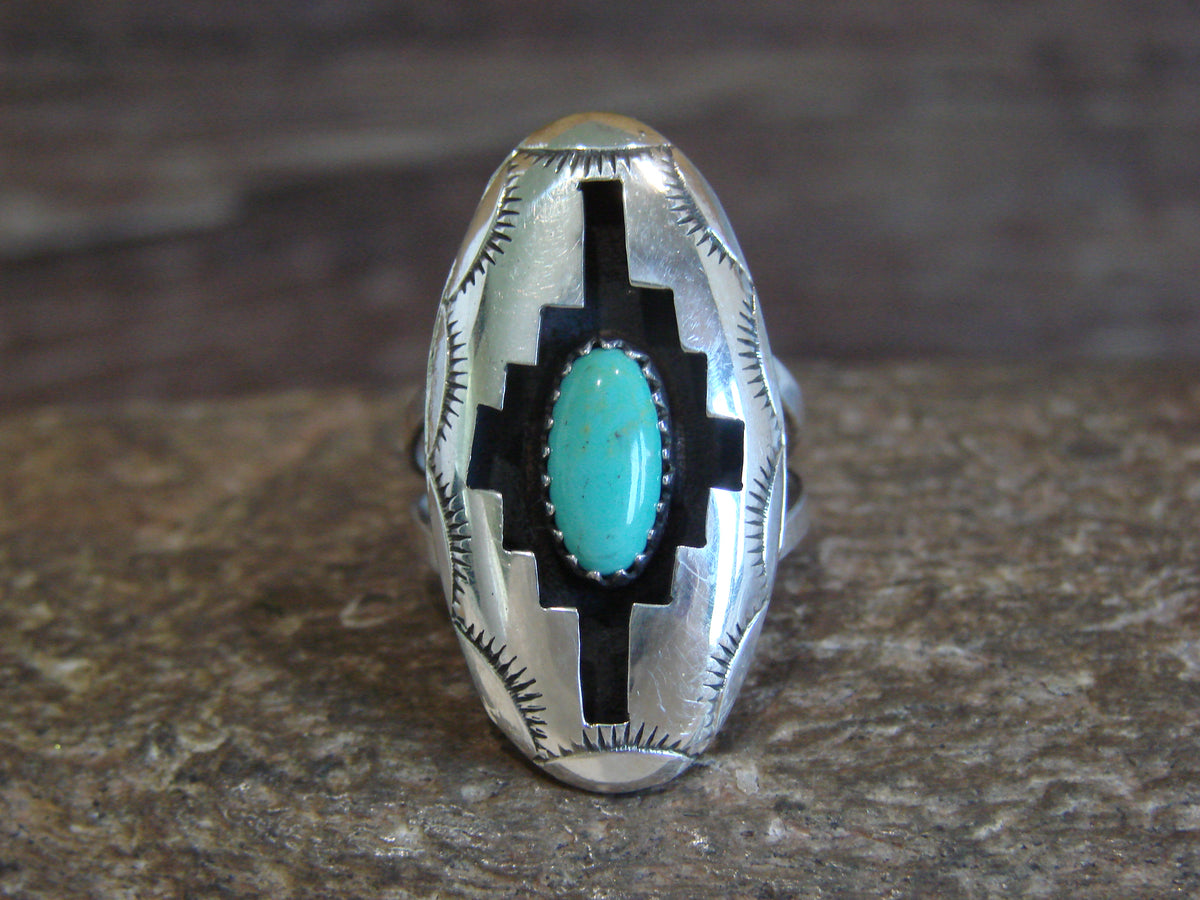Native American Sterling Silver & Turquoise Shadow Box Ring - Perry - Size 6