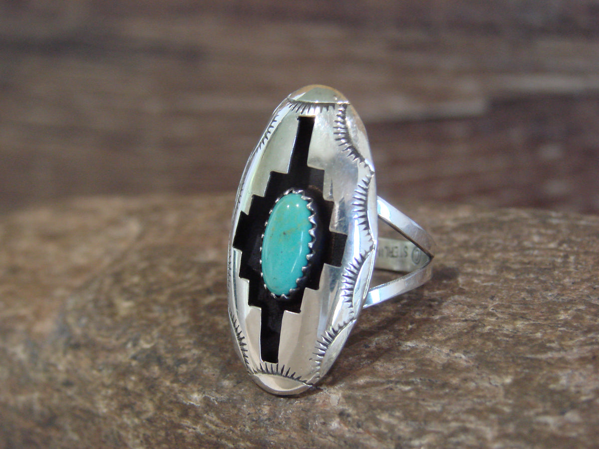 Native American Sterling Silver & Turquoise Shadow Box Ring - Perry - Size 6