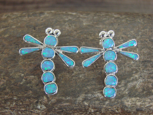 Native American  Sterling Silver Blue Opal Dragonfly Post Earrings by Edaakie