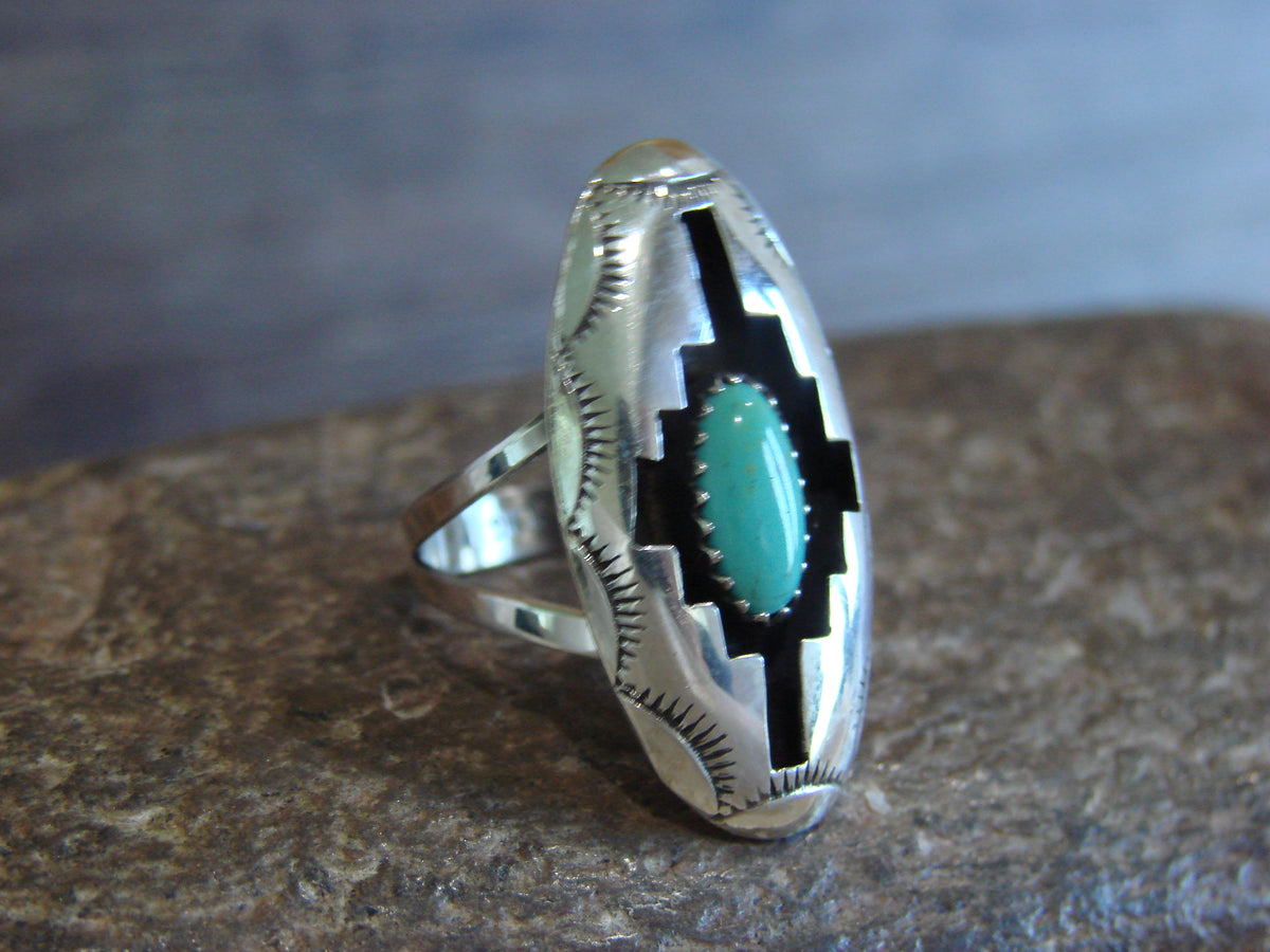 Native American Sterling Silver & Turquoise Shadow Box Ring - Perry - Size 6