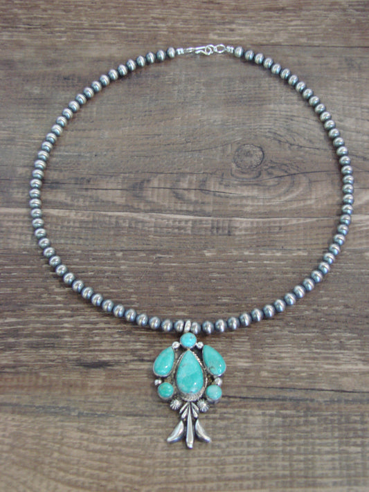 Native American 16" Sterling Silver Cluster Turquoise & Navajo Pearl Necklace by Platero