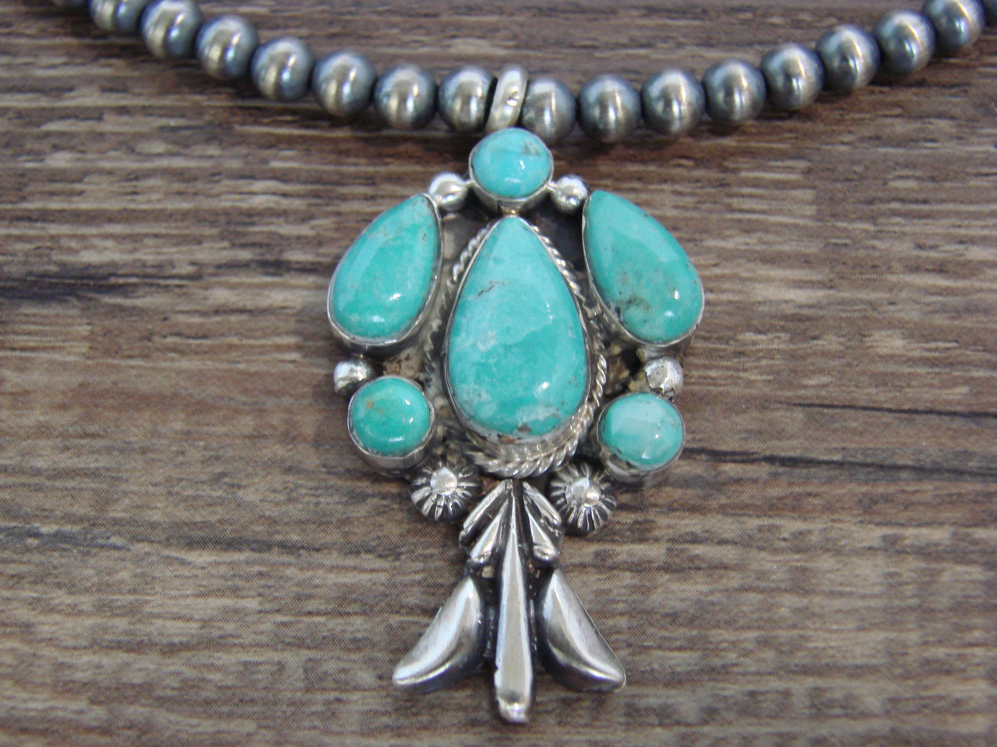 Native American 16" Sterling Silver Cluster Turquoise & Navajo Pearl Necklace by Platero