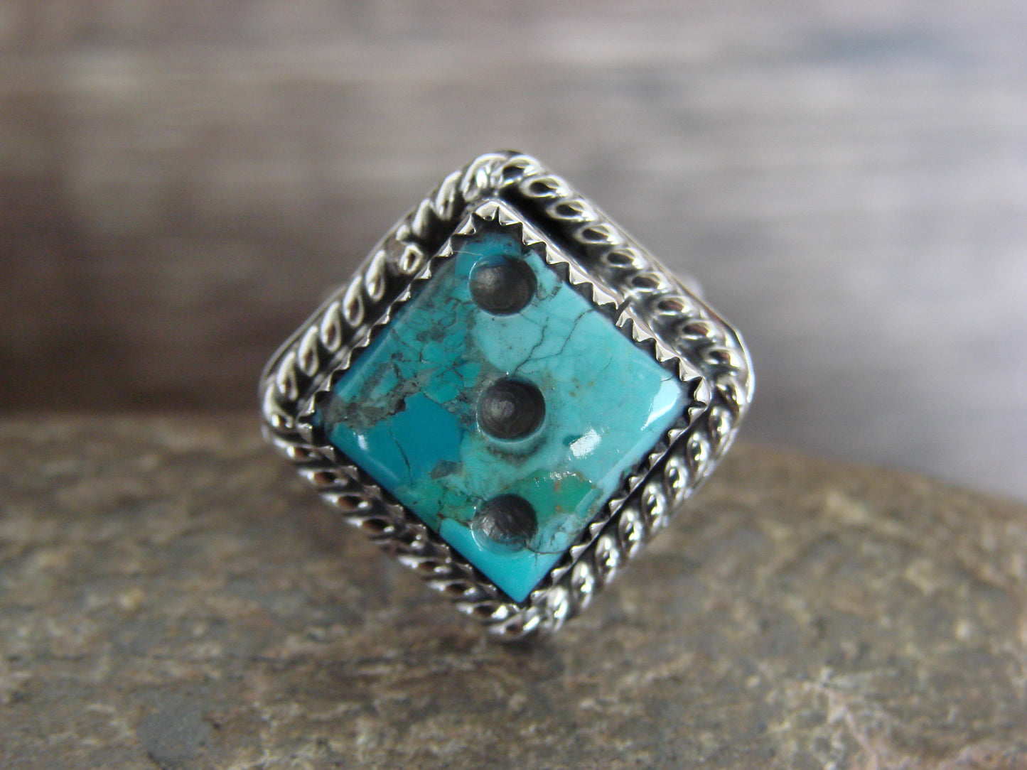 Native American Sterling Silver & Turquoise Dice Ring by Bahe- Size 4.5