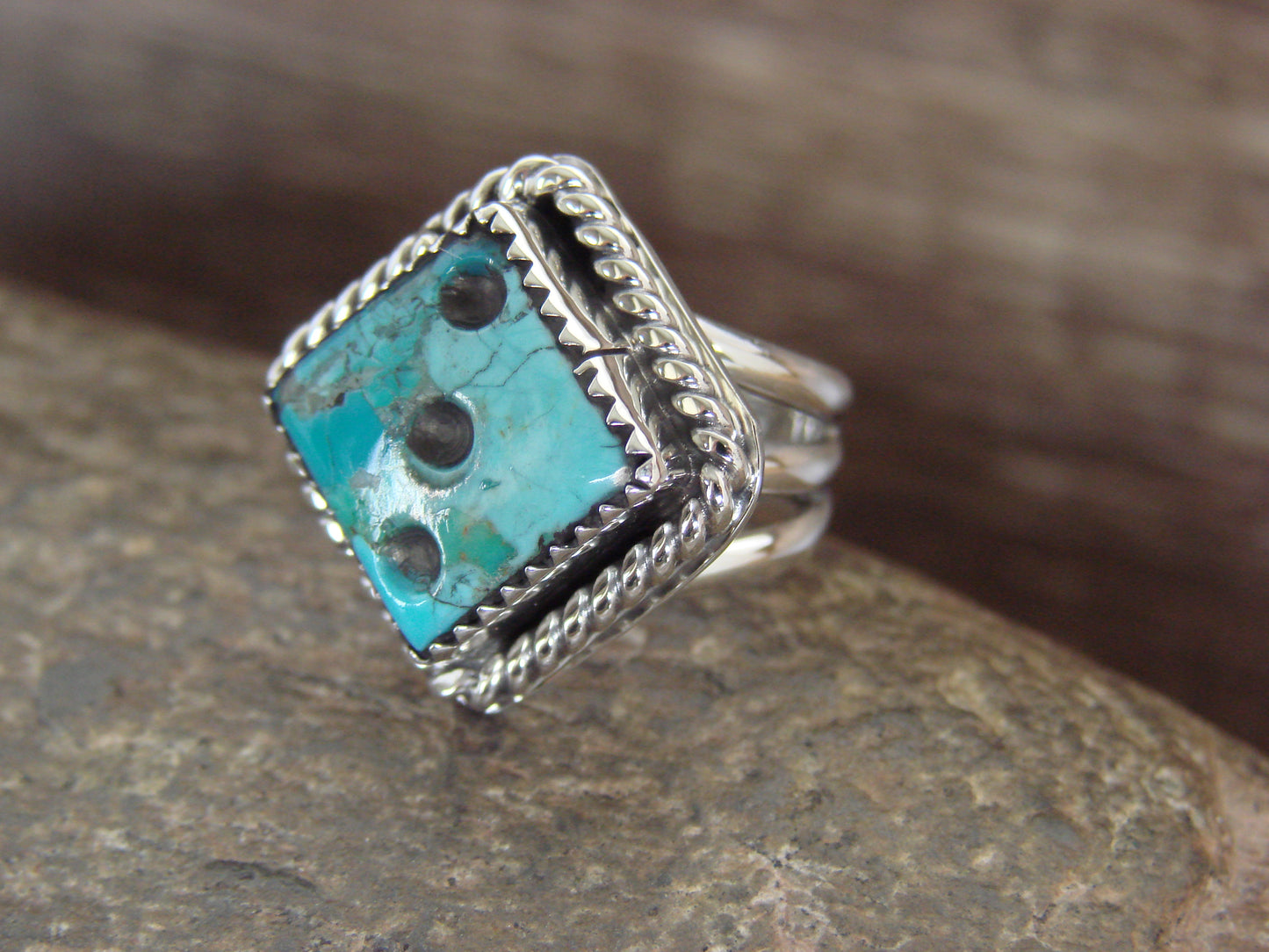 Native American Sterling Silver & Turquoise Dice Ring by Bahe- Size 4.5
