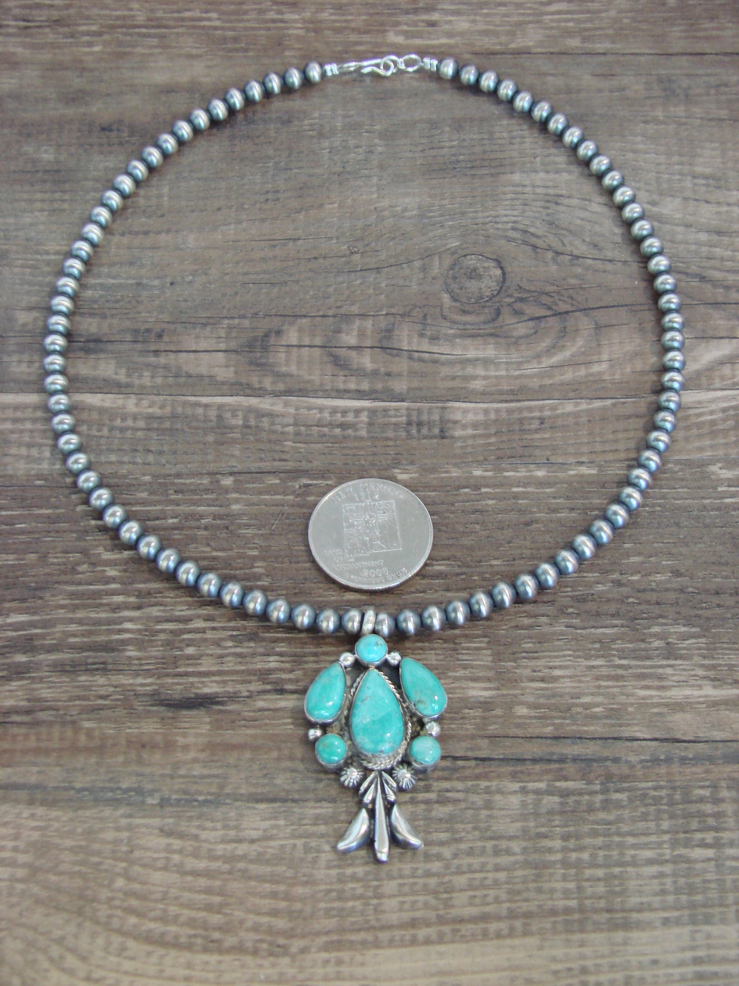 Native American 16" Sterling Silver Cluster Turquoise & Navajo Pearl Necklace by Platero