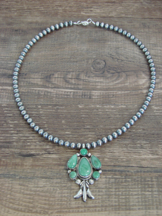 Native American 16" Sterling Silver Cluster Turquoise & Navajo Pearl Necklace by Platero