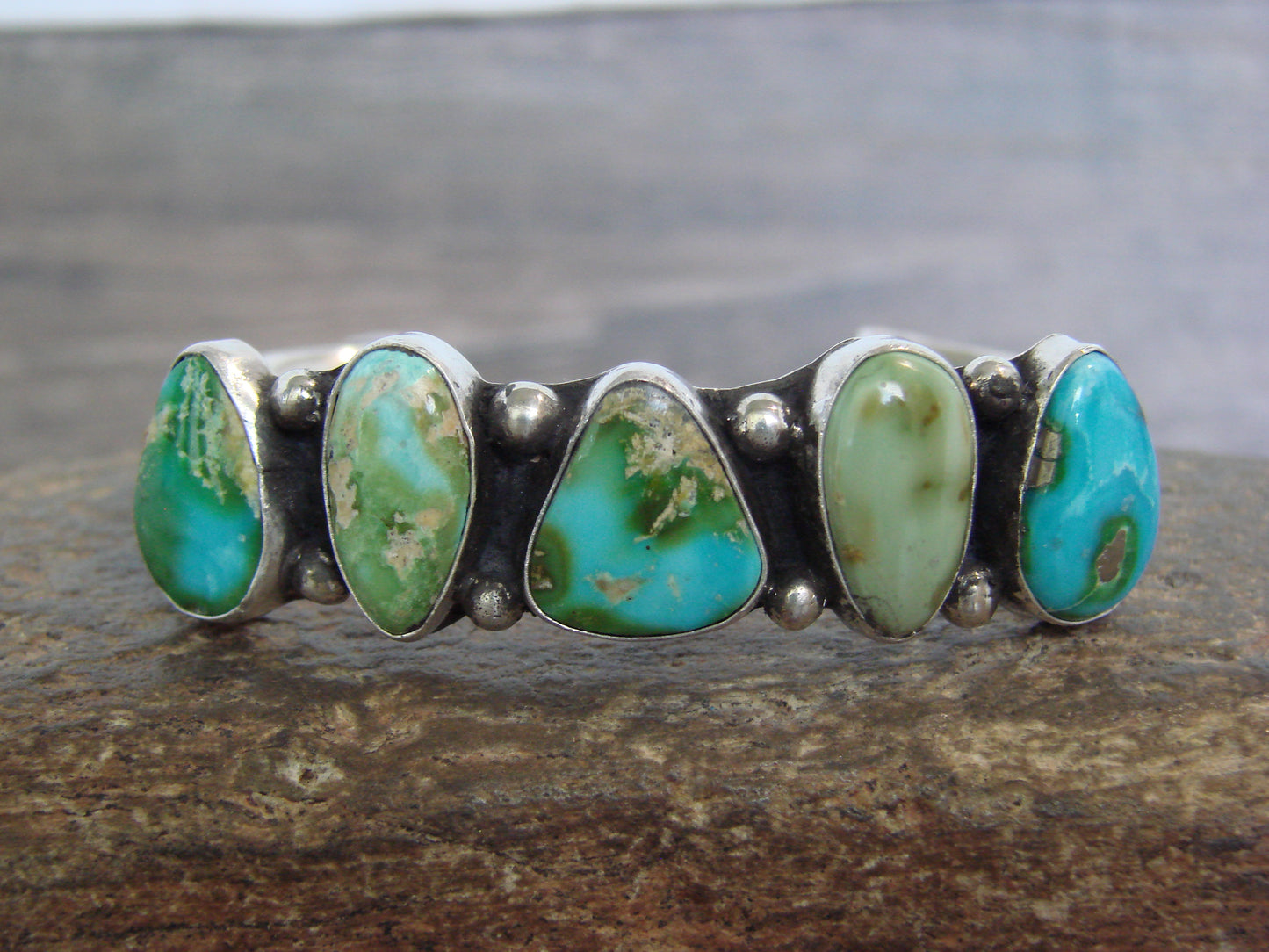 Native American Sterling Silver & Sonoran Turquoise Row Bracelet by Morgan