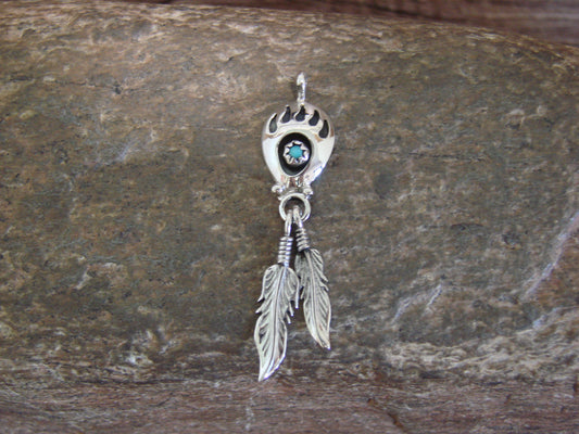 Native American Sterling Silver Turquoise Bear Paw Feather Pendant - Spencer