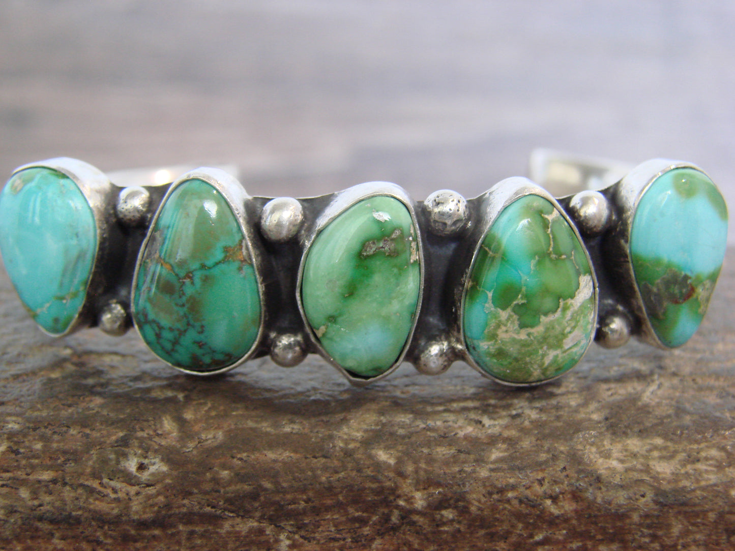 Native American Sterling Silver & Sonoran Turquoise Row Bracelet by Morgan