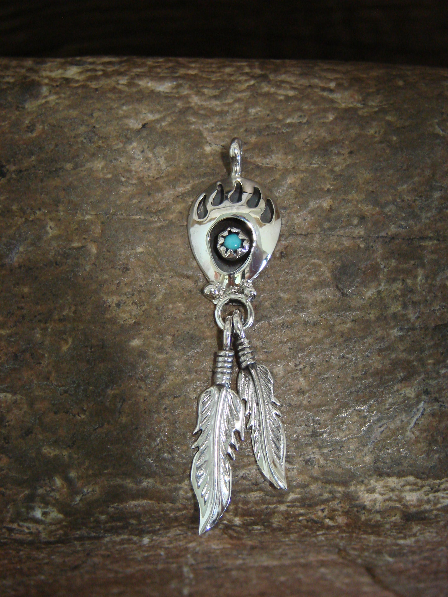 Native American Sterling Silver Turquoise Bear Paw Feather Pendant - Spencer