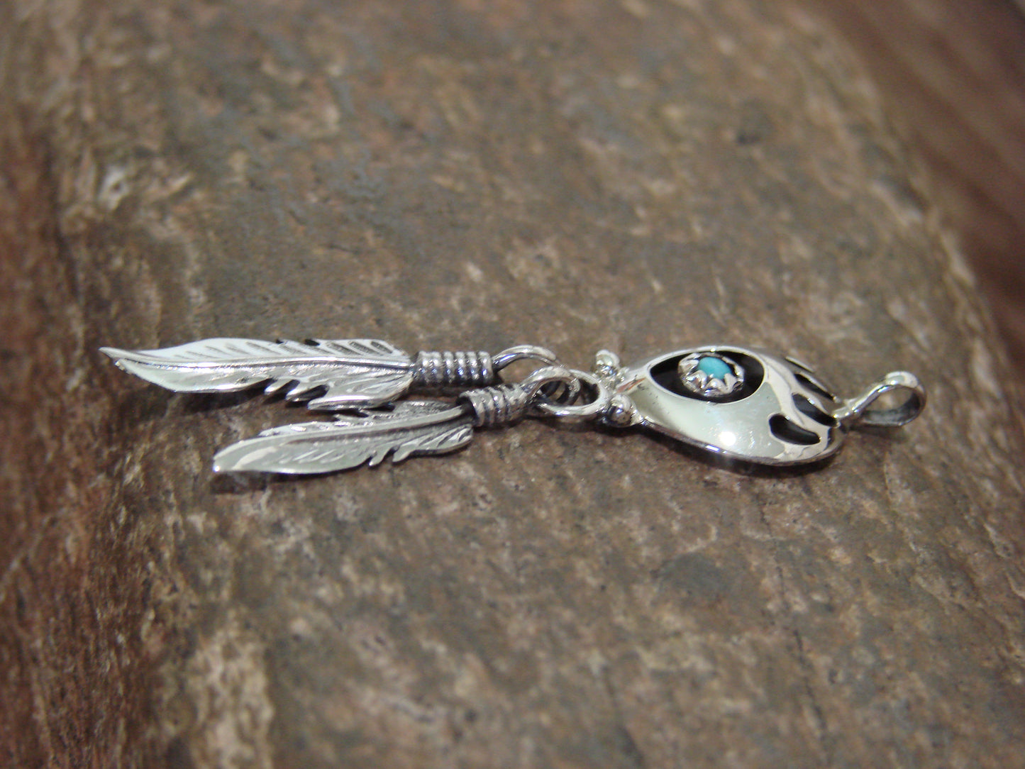 Native American Sterling Silver Turquoise Bear Paw Feather Pendant - Spencer