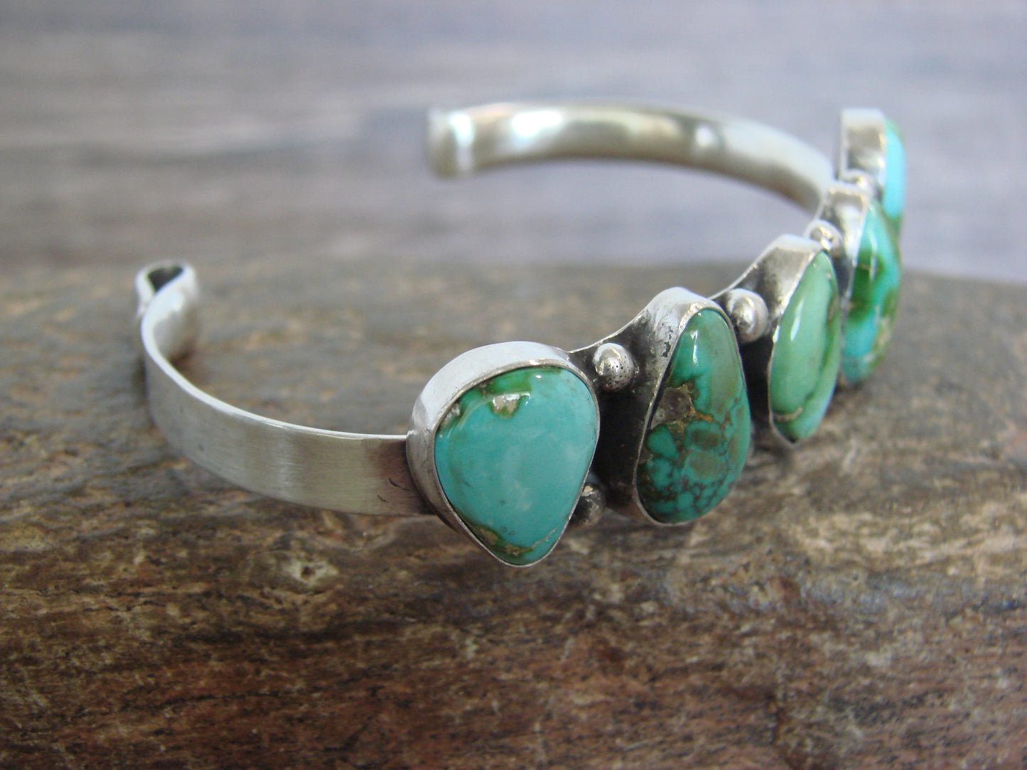 Native American Sterling Silver & Sonoran Turquoise Row Bracelet by Morgan