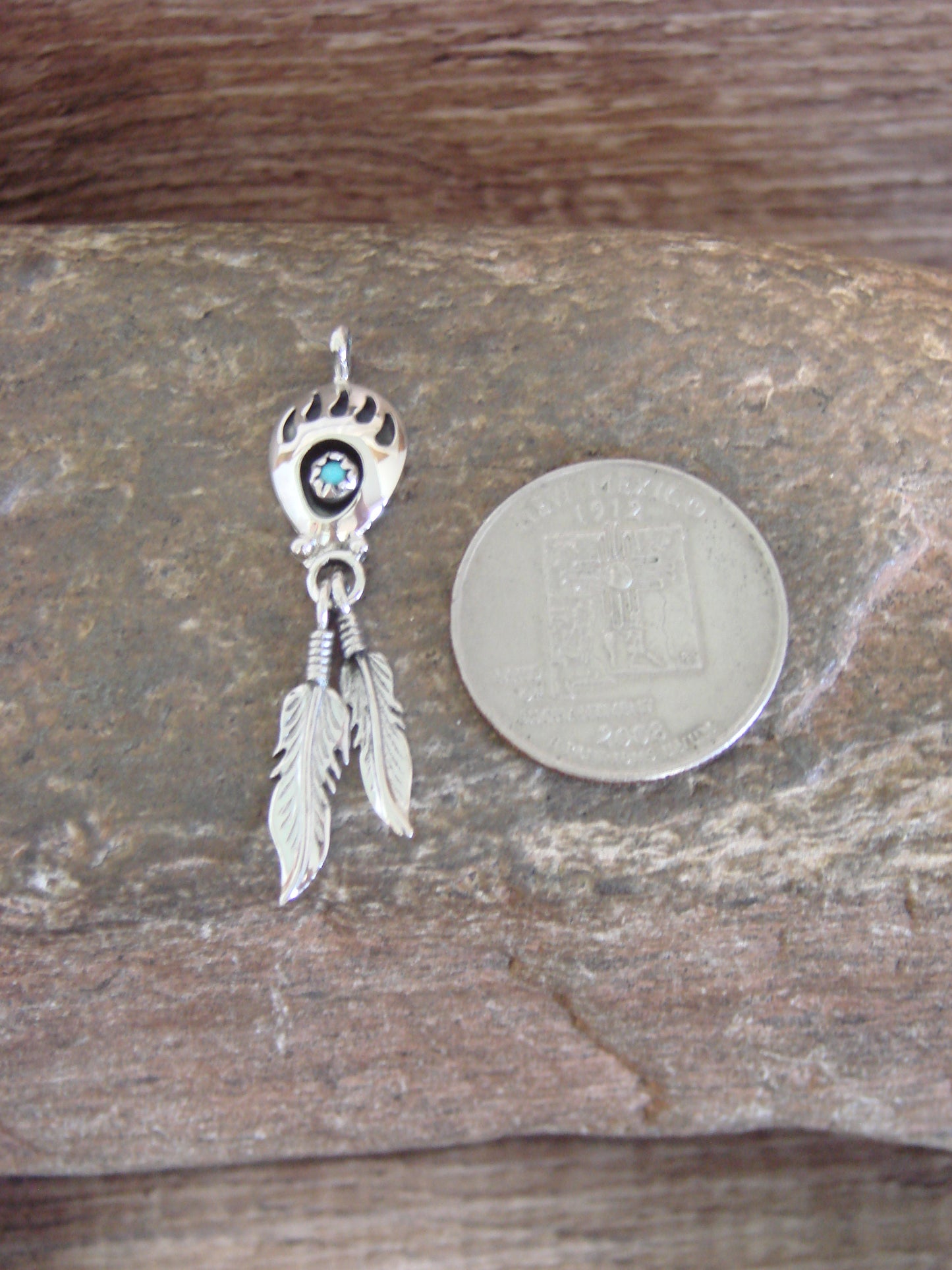 Native American Sterling Silver Turquoise Bear Paw Feather Pendant - Spencer