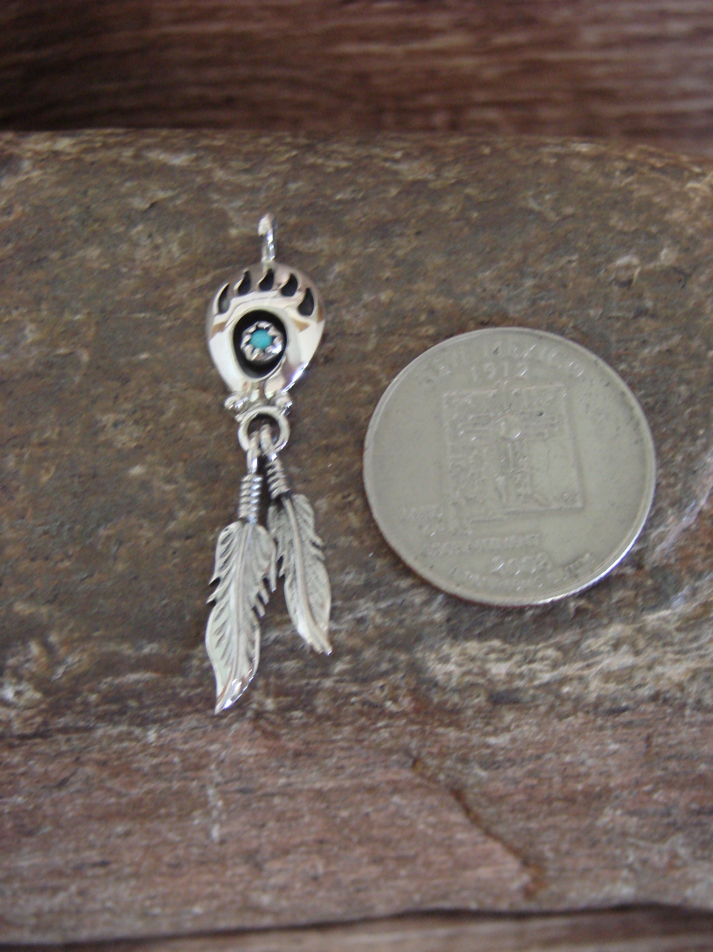 Native American Sterling Silver Turquoise Bear Paw Feather Pendant - Spencer