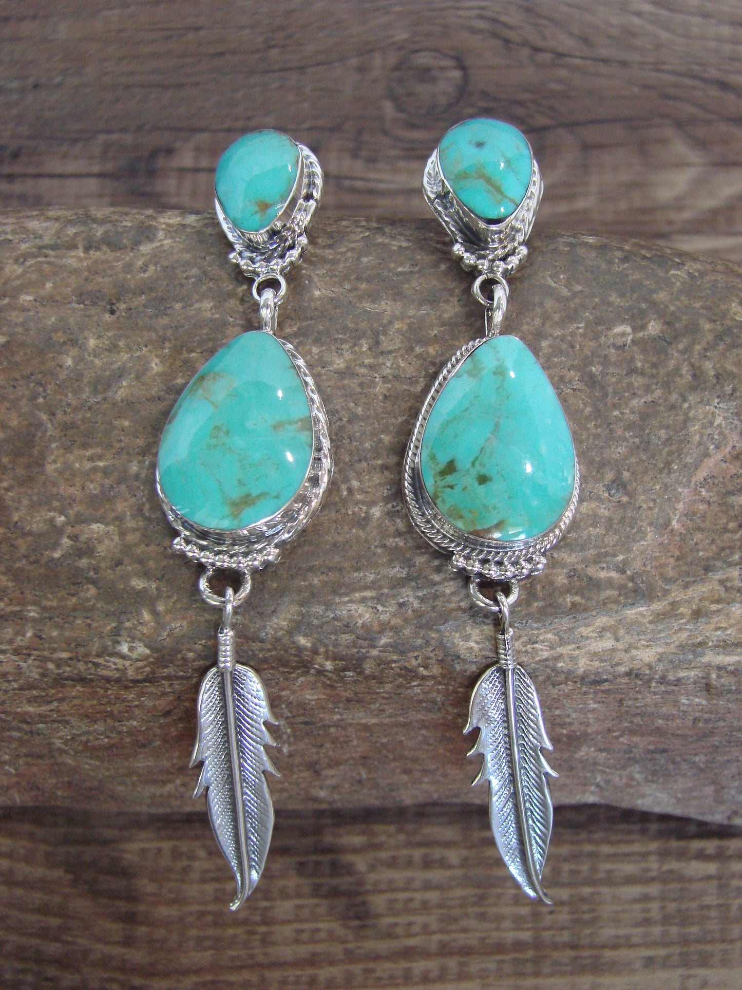 Native American Sterling Silver & Turquoise Post Feather Dangle Earrings by Smith